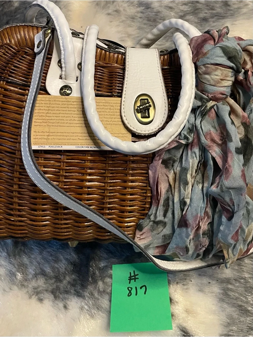 Patricia Nash Tan Wicker Satchel White Leather with Scarf Crossbody